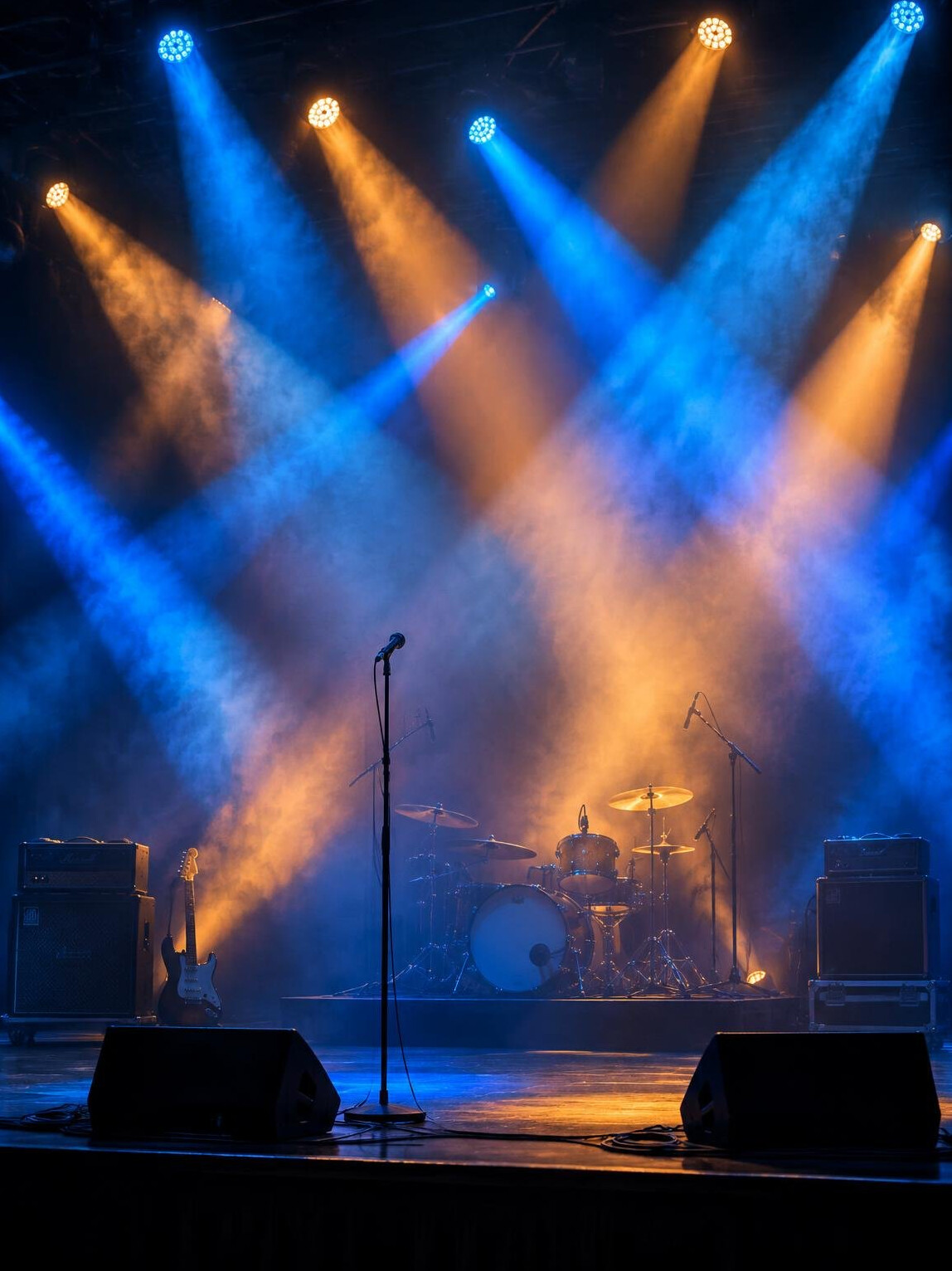 Stage with colorful spotlight beams and haze