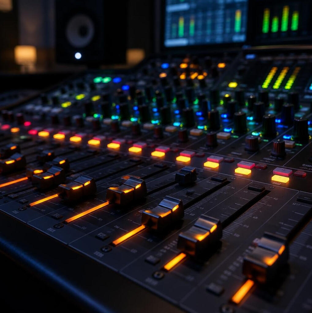 Audio mixing console with faders