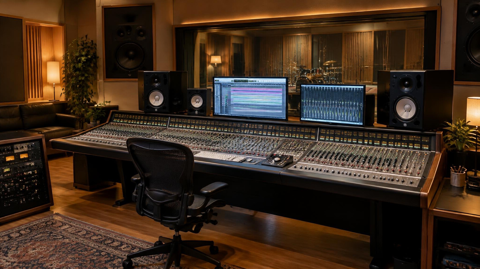 Recording studio control room with mixing desk